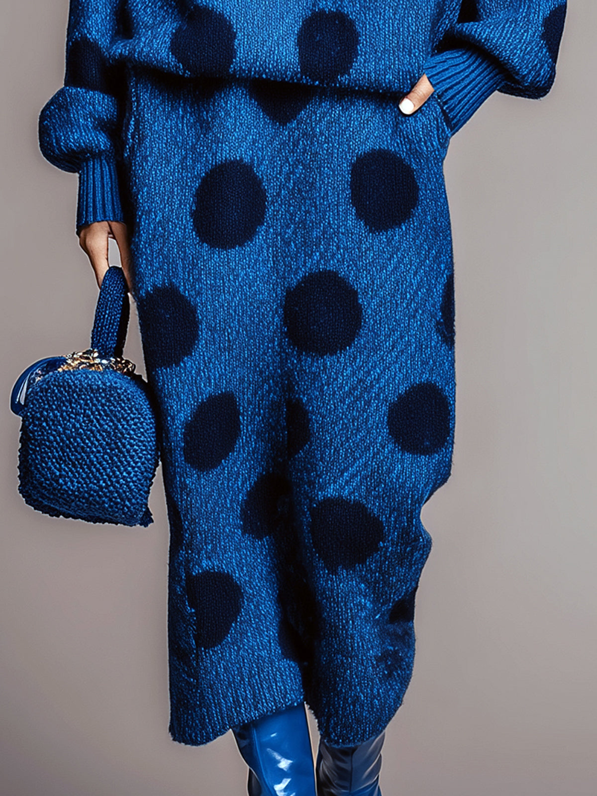 ElevenOra Chic Contrast Polka Dot Mock Neck Long Sleeve Top Midi Skirt Knit Two-Piece Set