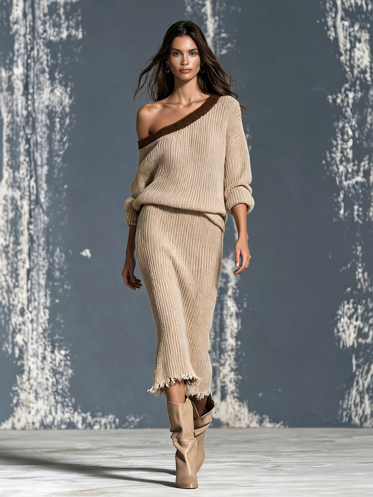 ElevenOra Chic Elegant Camel One-Shoulder Long-Sleeve Brown Trim Detail Loose-Fit Sweater Raw Edged Midi Skirt Ribbed Knit Two-Piece Set
