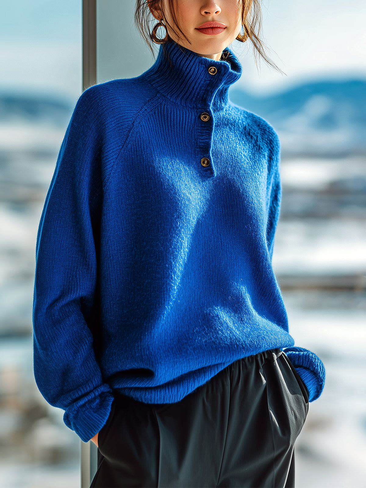 ElevenOra Casual Chic Half-Turtleneck Button-Detail Long Sleeve Slouchy Knit Sweater