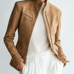 ElevenOra Chic Casual Camel Faux Suede Stand Collar Zipper-Front Slim-Fit Jacket