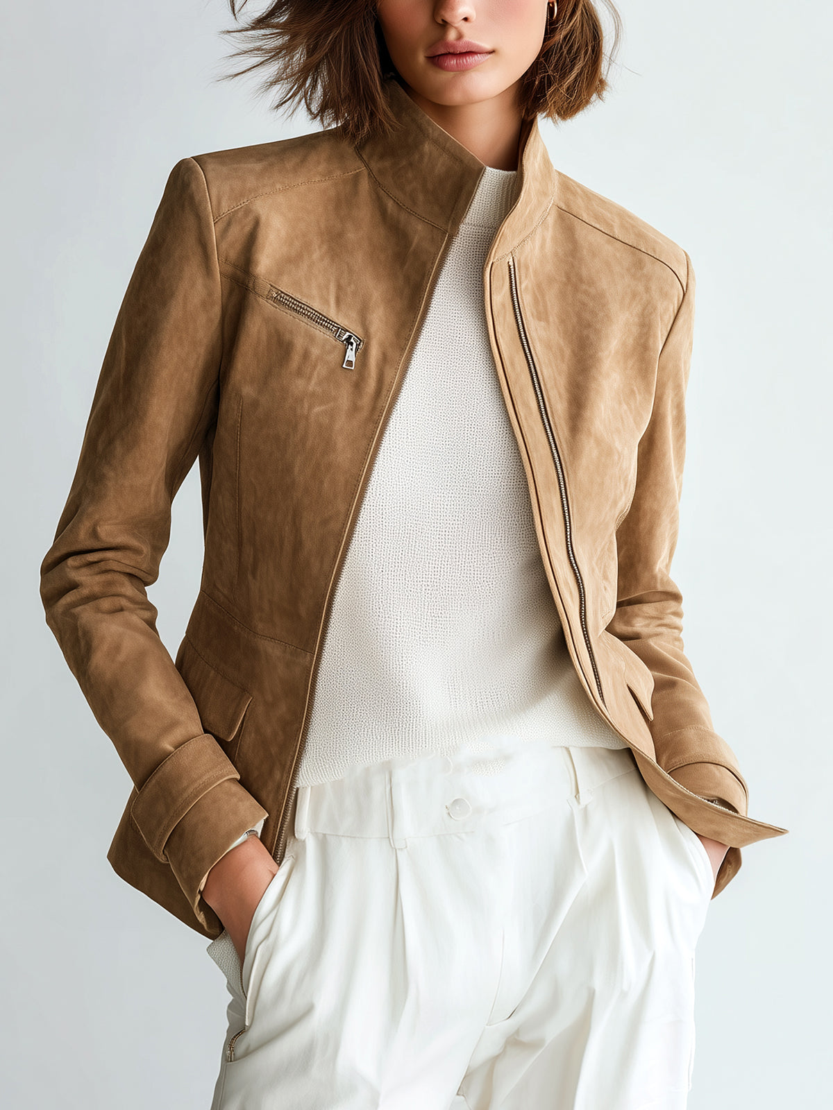 ElevenOra Chic Casual Camel Faux Suede Stand Collar Zipper-Front Slim-Fit Jacket