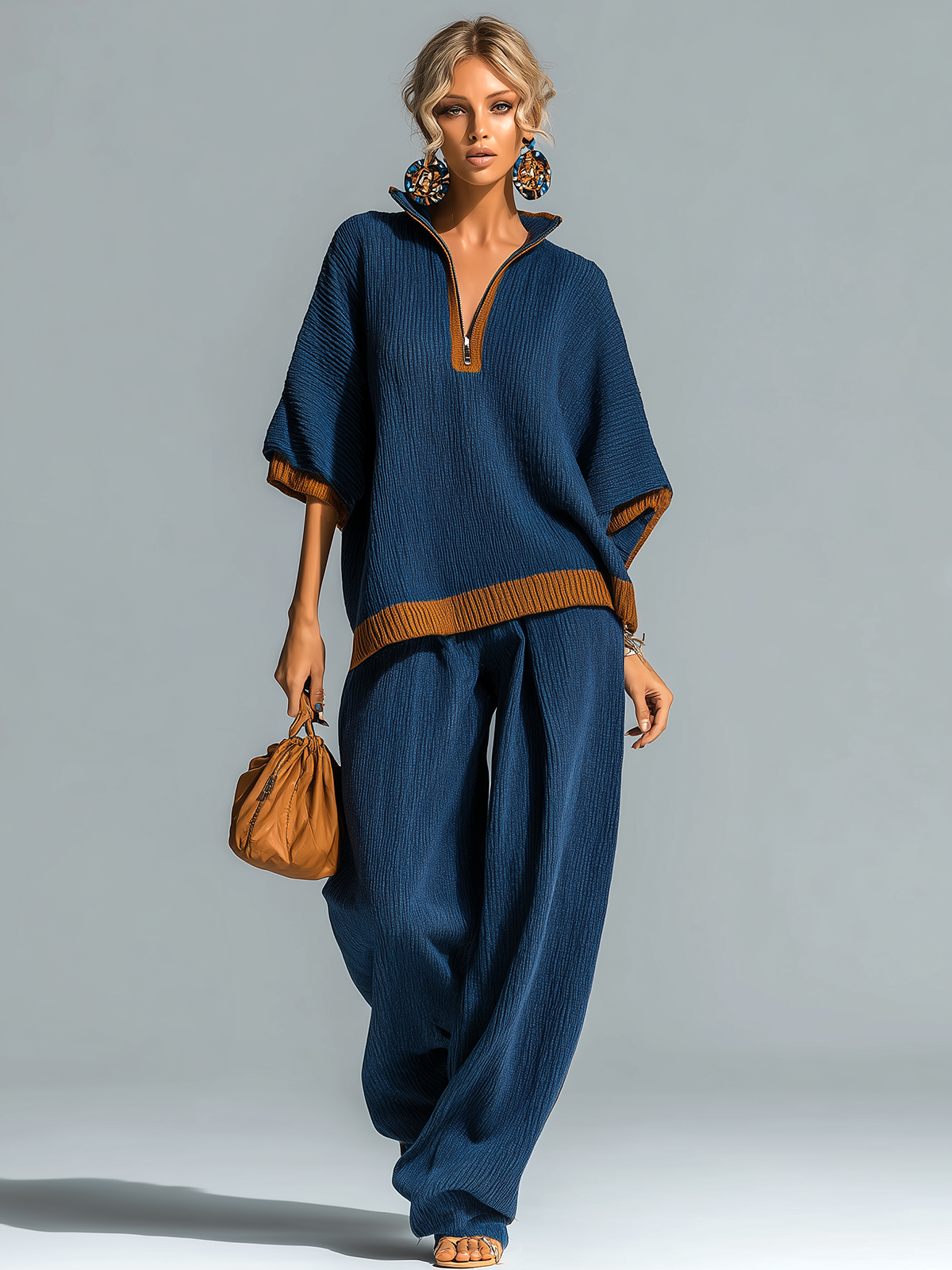 ElevenOra Fashion Casual Navy Blue Colorblock Stand-Collar Zipper-Front Short-Sleeve Loose Sweater Wide-Leg Pants Knit Two-Piece Set