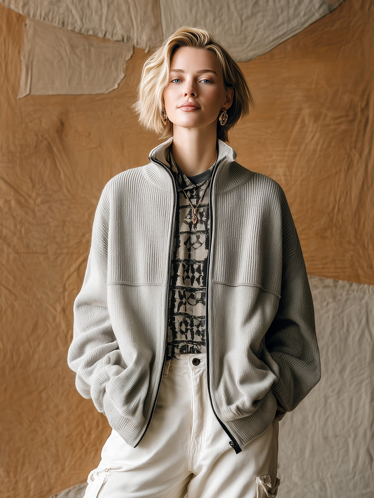 ElevenOra Chic Vintage Light Gray Stand Collar Zipper-Front Long Sleeve Oversized Knit Cardigan