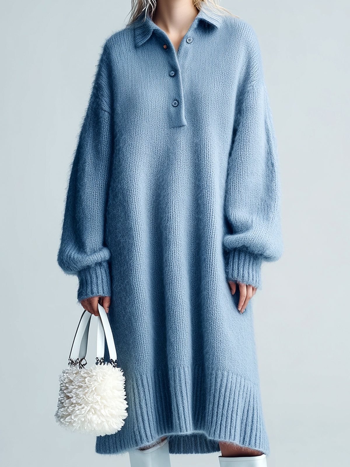 ElevenOra Chic Elegant Blue Button-Up Lapel Long Lantern Sleeve Oversized Fuzzy Knit Midi Dress
