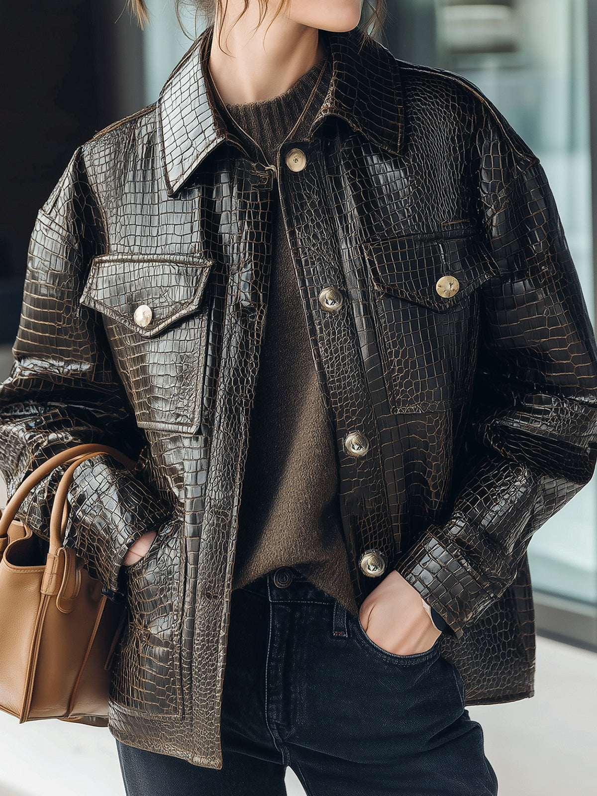 ElevenOra Casual Dark Brown Crocodile Embossed Faux Leather Lapel Single-Breasted Utility Pocket Jacket