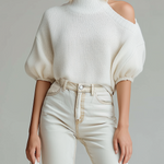 ElevenOra Fashion Elegant White High-Neck Off-Shoulder Lantern Sleeve Short-Sleeve Loose Knit Sweater