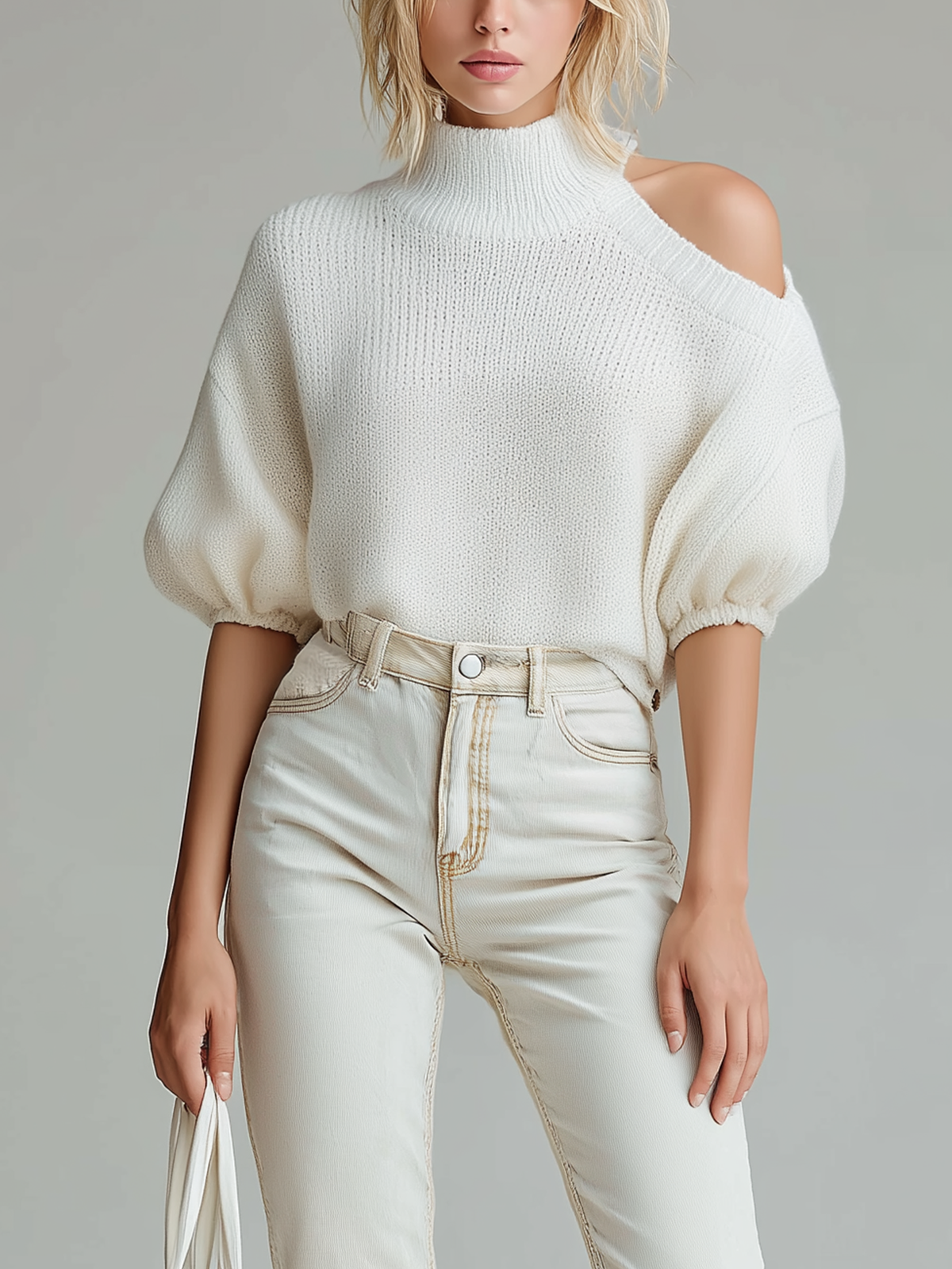 ElevenOra Fashion Elegant White High-Neck Off-Shoulder Lantern Sleeve Short-Sleeve Loose Knit Sweater