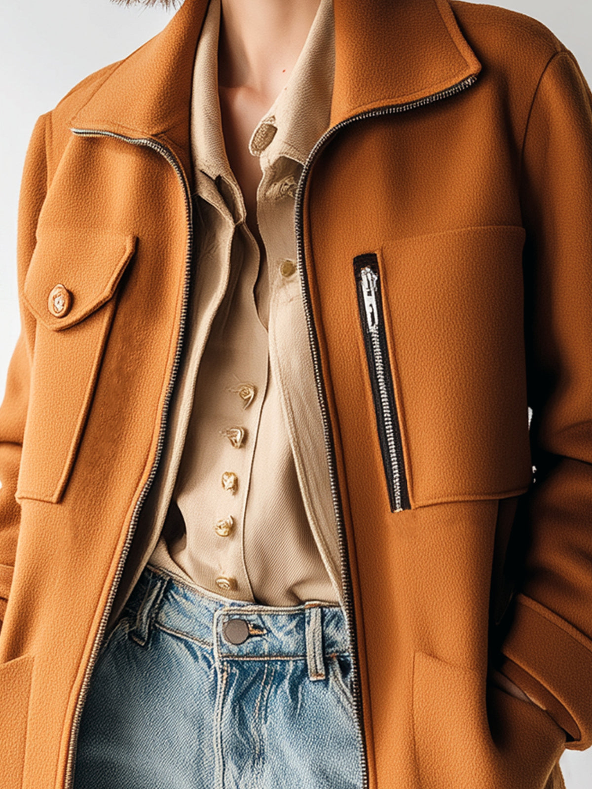 ElevenOra Chic Caramel Collared Zip-Up Multi-Pocket Mid-Length Sophisticated Statement Coat