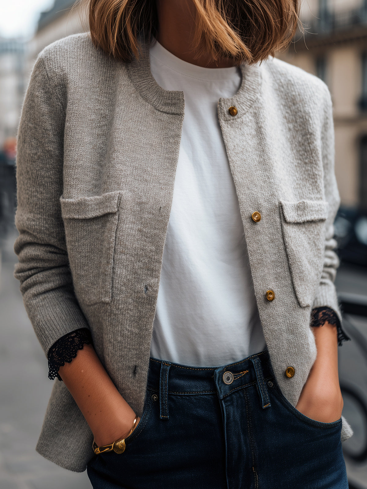 ElevenOra Chic Elegant Light Gray Crew Neck Gold Button Double Pocket Lace Cuff Cropped Knit Cardigan