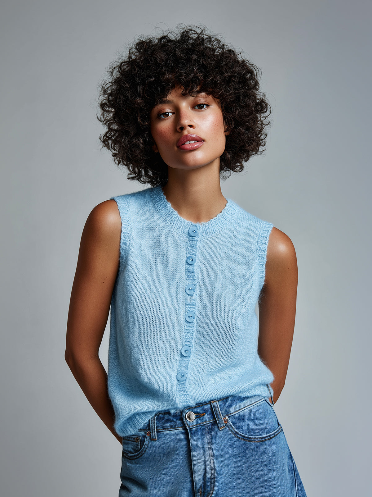 ElevenOra Chic Vintage Light Blue Round-Neck Sleeveless Single-Breasted Loose-Fit Knit Vest Top