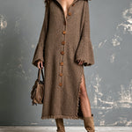 ElevenOra Chic Elegant Brown Lapel-Collar Single-Breasted Long-Flare-Sleeve Raw Edge Detail Side-Slit Loose-Fit Wool Blend Knit Maxi Dress
