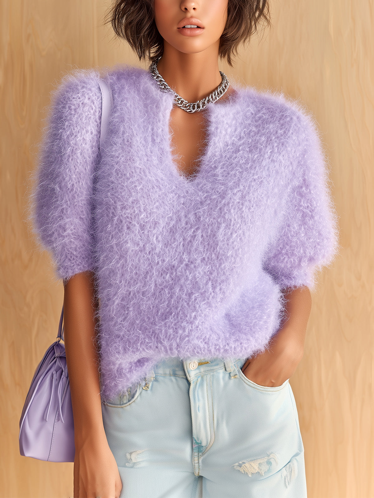 ElevenOra Chic Vintage Lavender V-Neck Cutout Short Puff Sleeve Fuzzy Knit Sweater Top