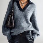 ElevenOra Chic Casual Lapel V-Neck Contrast Trim Oversized Long-Sleeve Knit Sweater Top