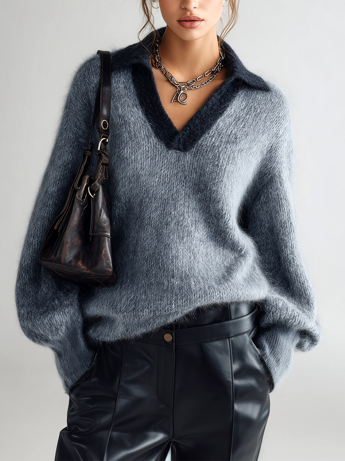 ElevenOra Chic Casual Lapel V-Neck Contrast Trim Oversized Long-Sleeve Knit Sweater Top