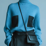 ElevenOra Casual Chic Lake Blue Turtleneck Color-Block Patch Pocket Slouchy Long Sleeve Knit Sweater