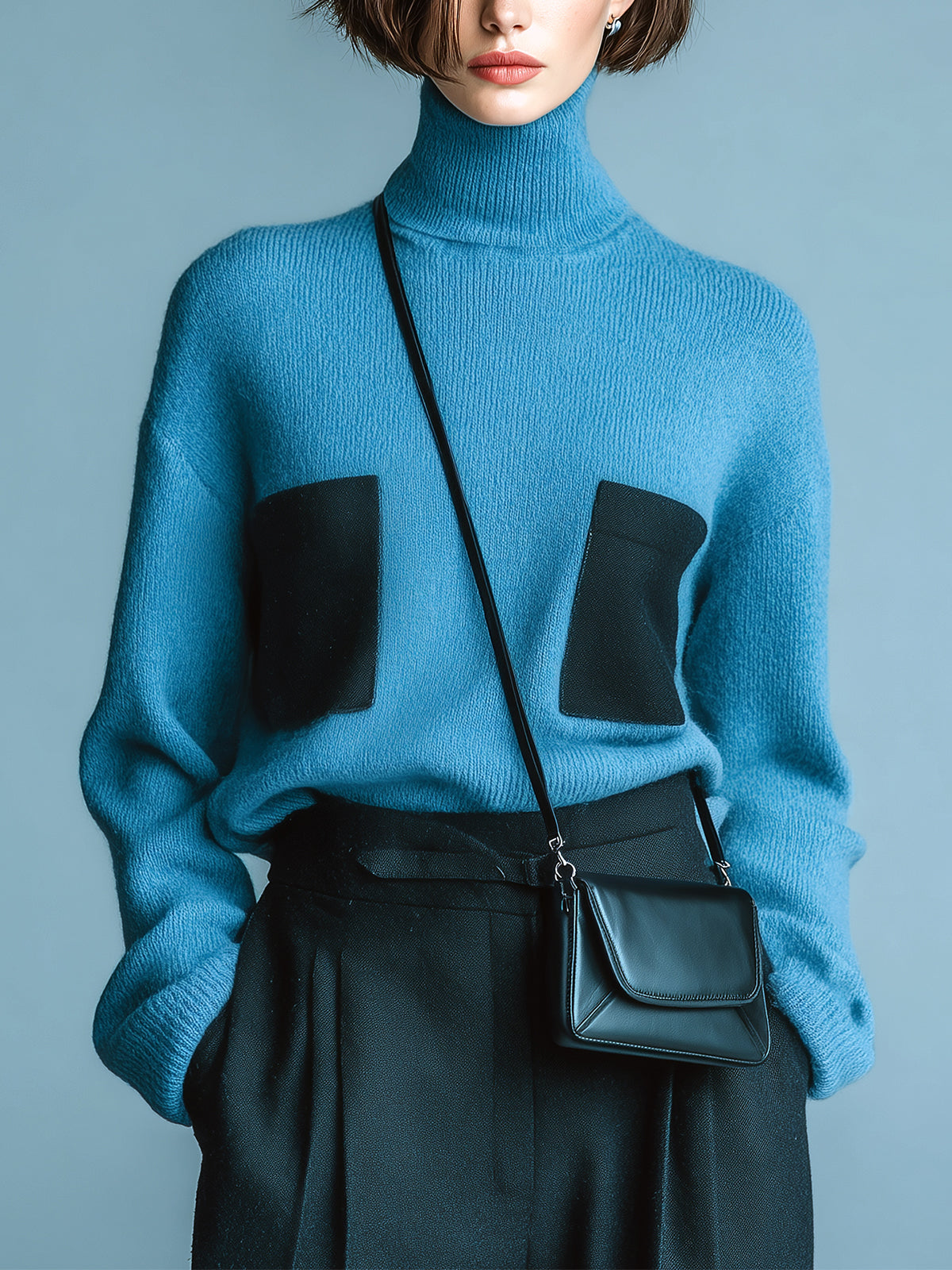 ElevenOra Casual Chic Lake Blue Turtleneck Color-Block Patch Pocket Slouchy Long Sleeve Knit Sweater