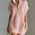 ElevenOra Chic Casual Pink Zip-Up Stand Collar Dropped Shoulder Oversized Knit Mini Dress
