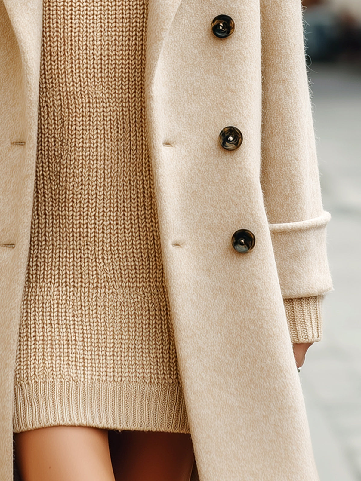 ElevenOra Vintage Fashion Wool Blended Flat Lapel Double-breasted H-shaped Warm Mid-length Coat