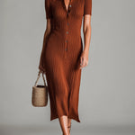 ElevenOra Chic Elegant Caramel Brown Lapel Collar Button-Front Short-Sleeve Slim-Fit Flared Hem Ribbed Knit Bodycon Midi Dress