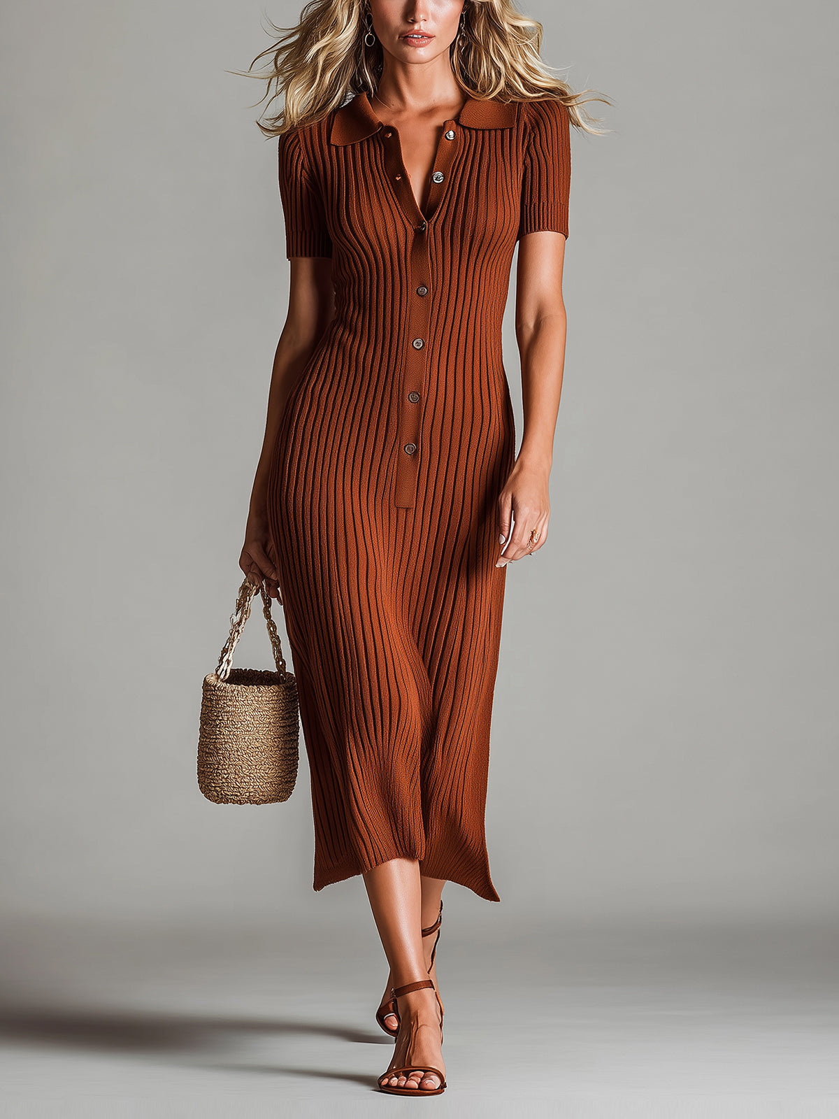 ElevenOra Chic Elegant Caramel Brown Lapel Collar Button-Front Short-Sleeve Slim-Fit Flared Hem Ribbed Knit Bodycon Midi Dress