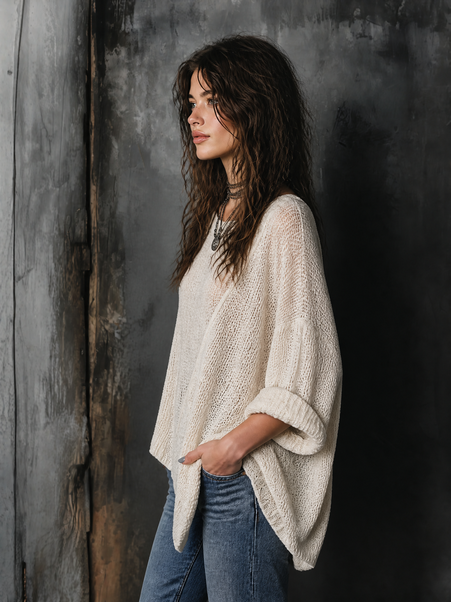 ElevenOra Chic Casual Off-White Round-Neck Dropped Shoulder Long Sleeves Asymmetric Hem Loose-Fit Knit Sweater Top