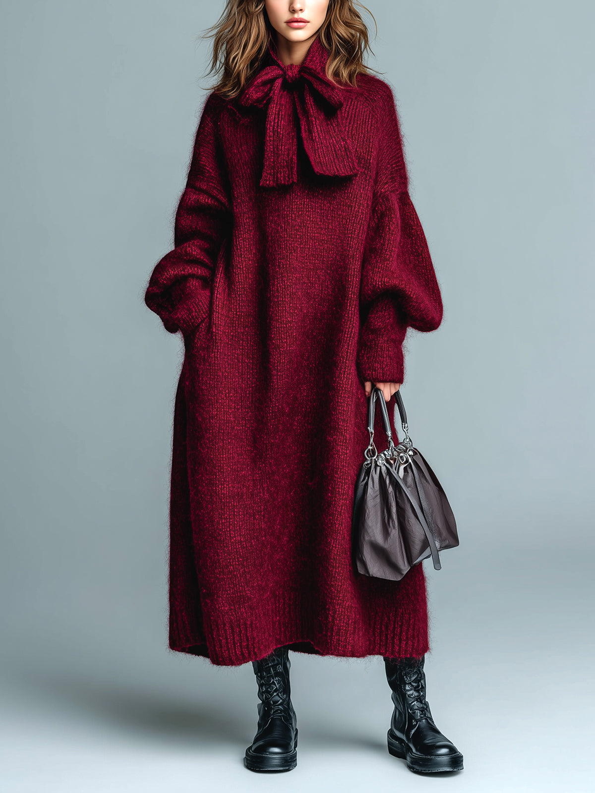 ElevenOra Chic Vintage Burgundy Bow-Tie Neck Long Lantern Sleeve Oversized Knit Maxi Dress