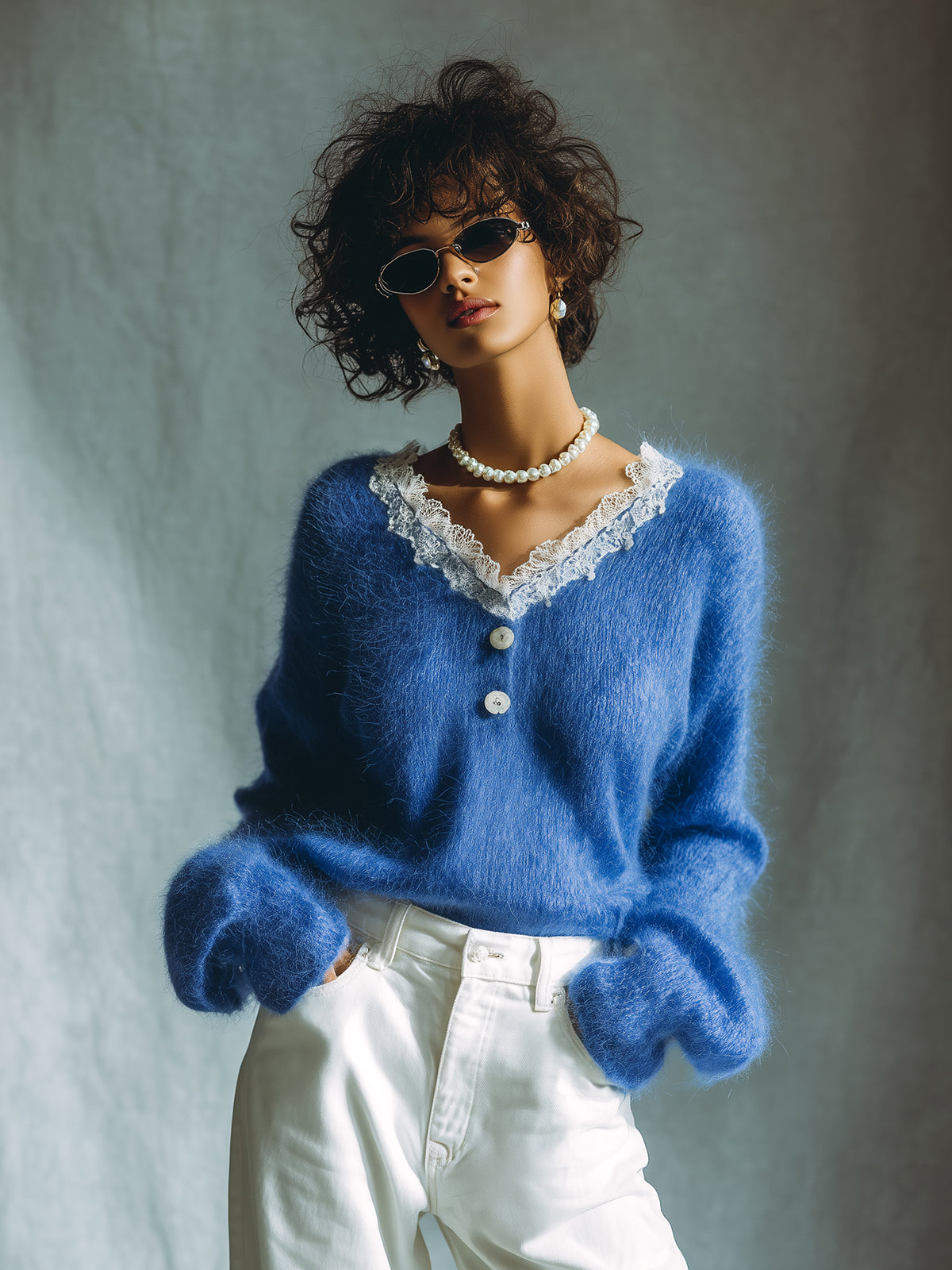 ElevenOra Chic Vintage Royal Blue V-Neck Contrast Lace Trim Detail Button-Front Long Sleeve Loose-Fit Knit Sweater Top