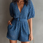 ElevenOra Chic Casual Dark Blue V-Neck Button-Front Short-Sleeve Tailored-Waist Knit Romper