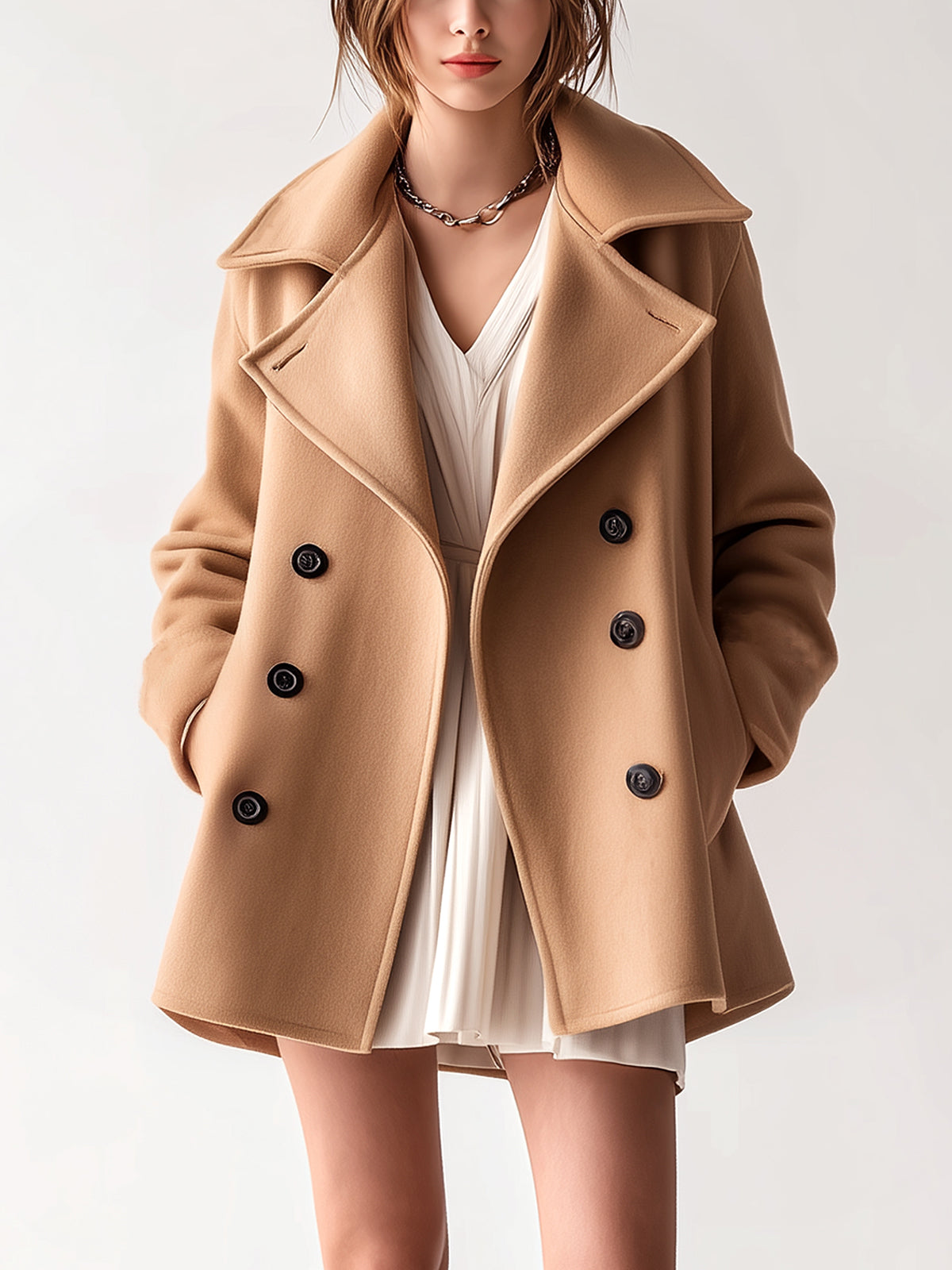 ElevenOra Chic Vintage Camel Wool Blend Lapel Double-Breasted Belted Oversized Peacoat