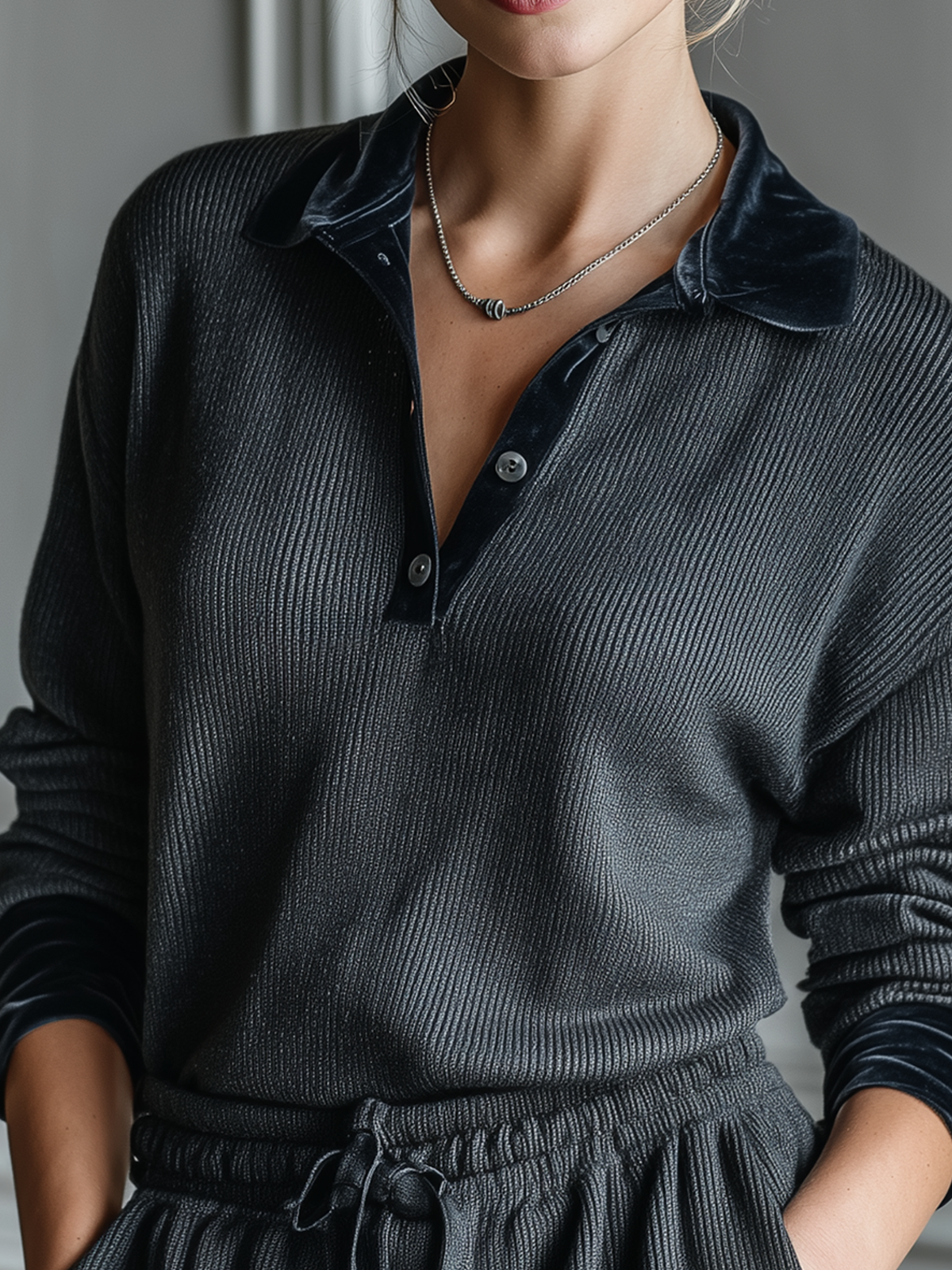 ElevenOra Chic Casual Dark Grey Polo Collar Botton Velvet Loose Long-sleeved Knit Pullover Sweater