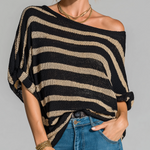 ElevenOra Fashion Casual Black-Beige Stripes Off-the-Shoulder Short-Sleeve Loose-Fit Knit Sweater Top