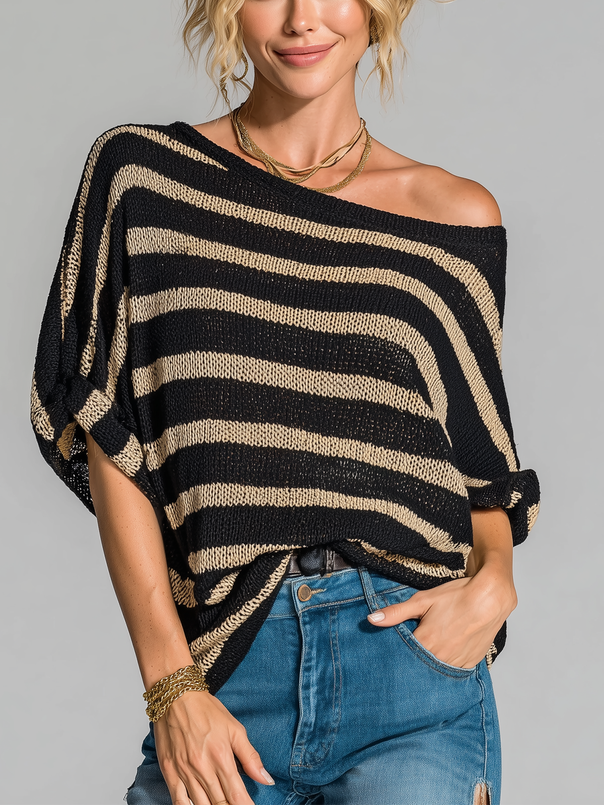 ElevenOra Fashion Casual Black-Beige Stripes Off-the-Shoulder Short-Sleeve Loose-Fit Knit Sweater Top