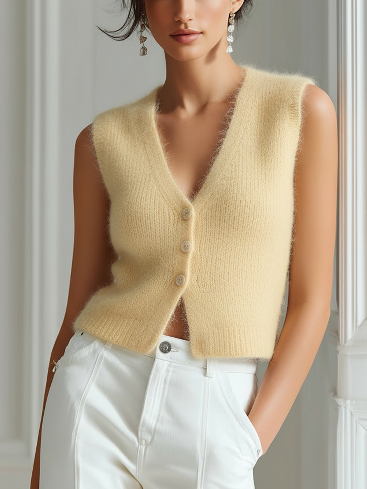 ElevenOra Chic Casual V-Neck Single-Breasted Sleeveless Fit Fuzzy Mohair Knit Vest