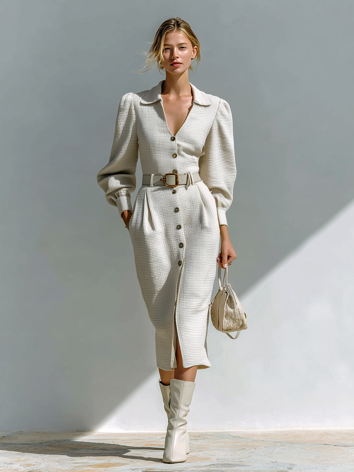 ElevenOra Casual Office Cotton Blend Waffle Lapel V-Neck Single-Breasted Belted Long Lantern Sleeve Midi Dress