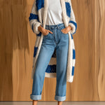 ElevenOra Chic Elegant Royal Blue Beige Stripes Shawl Collar Long-Sleeve Loose-Fit Knit Mid-Length Cardigan