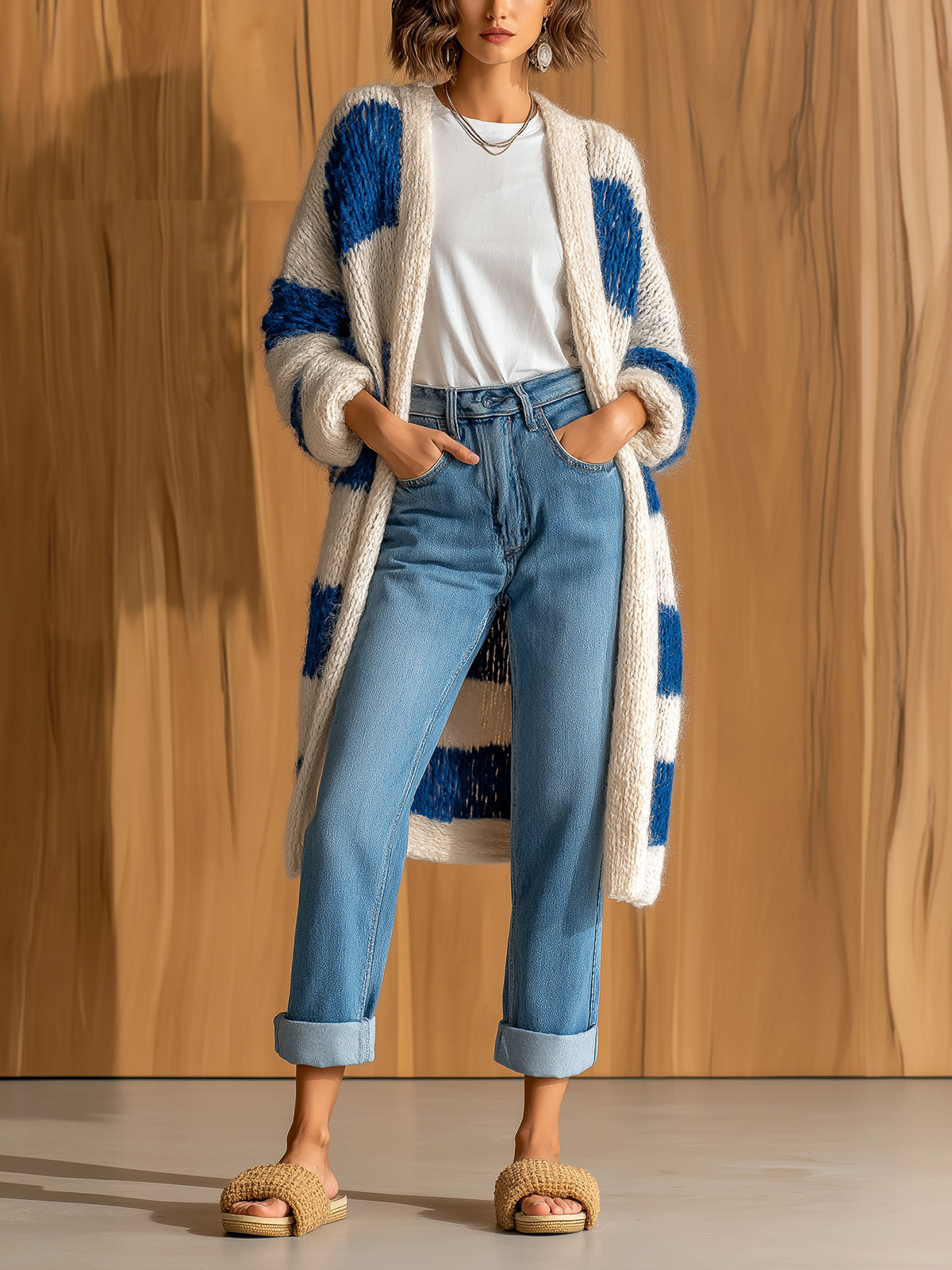 ElevenOra Chic Elegant Royal Blue Beige Stripes Shawl Collar Long-Sleeve Loose-Fit Knit Mid-Length Cardigan