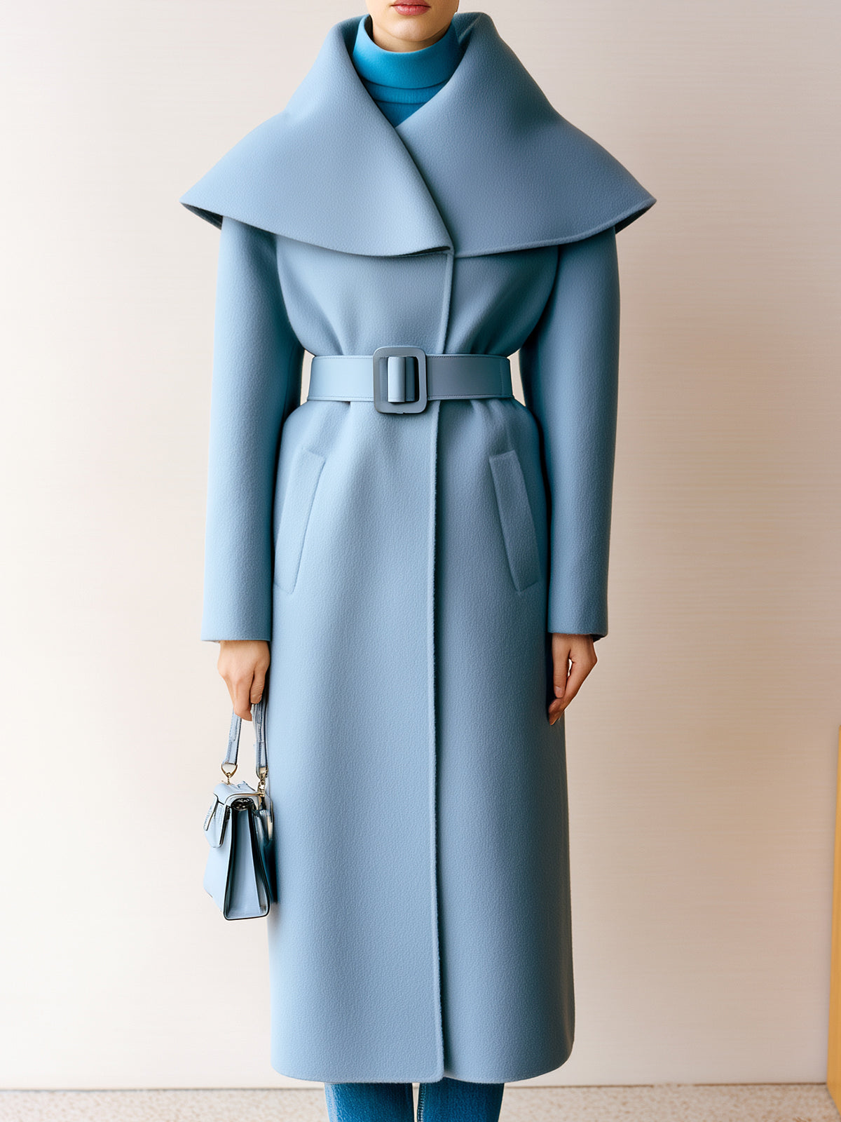 ElevenOra Chic Vintage Light Blue Wool Blend Oversized Lapel Single Breasted Belted Long Coat