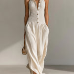ElevenOra Chic Elegant Cream White Lapel Collar Button-Front Sleeveless Tailored Waist Loose-Fit Ribbed Knit Maxi Dress
