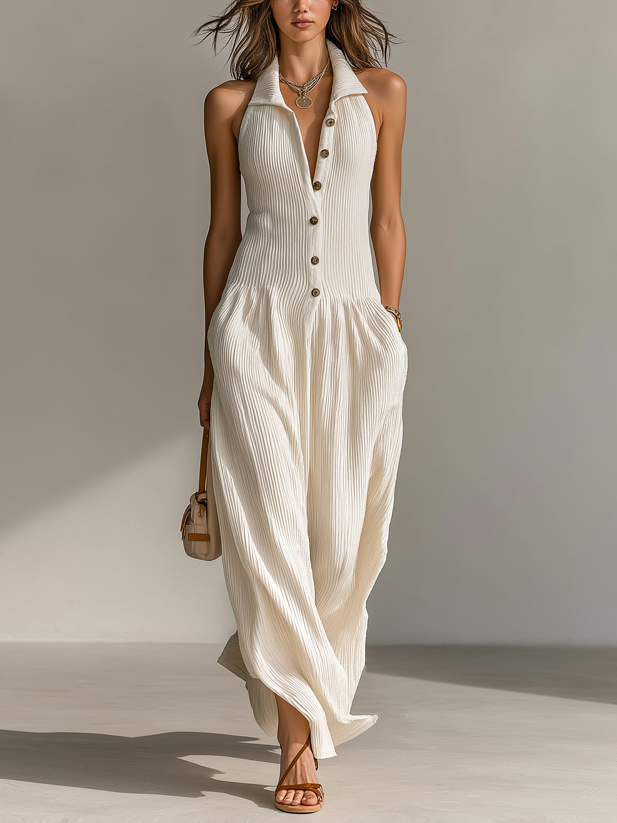 ElevenOra Chic Elegant Cream White Lapel Collar Button-Front Sleeveless Tailored Waist Loose-Fit Ribbed Knit Maxi Dress