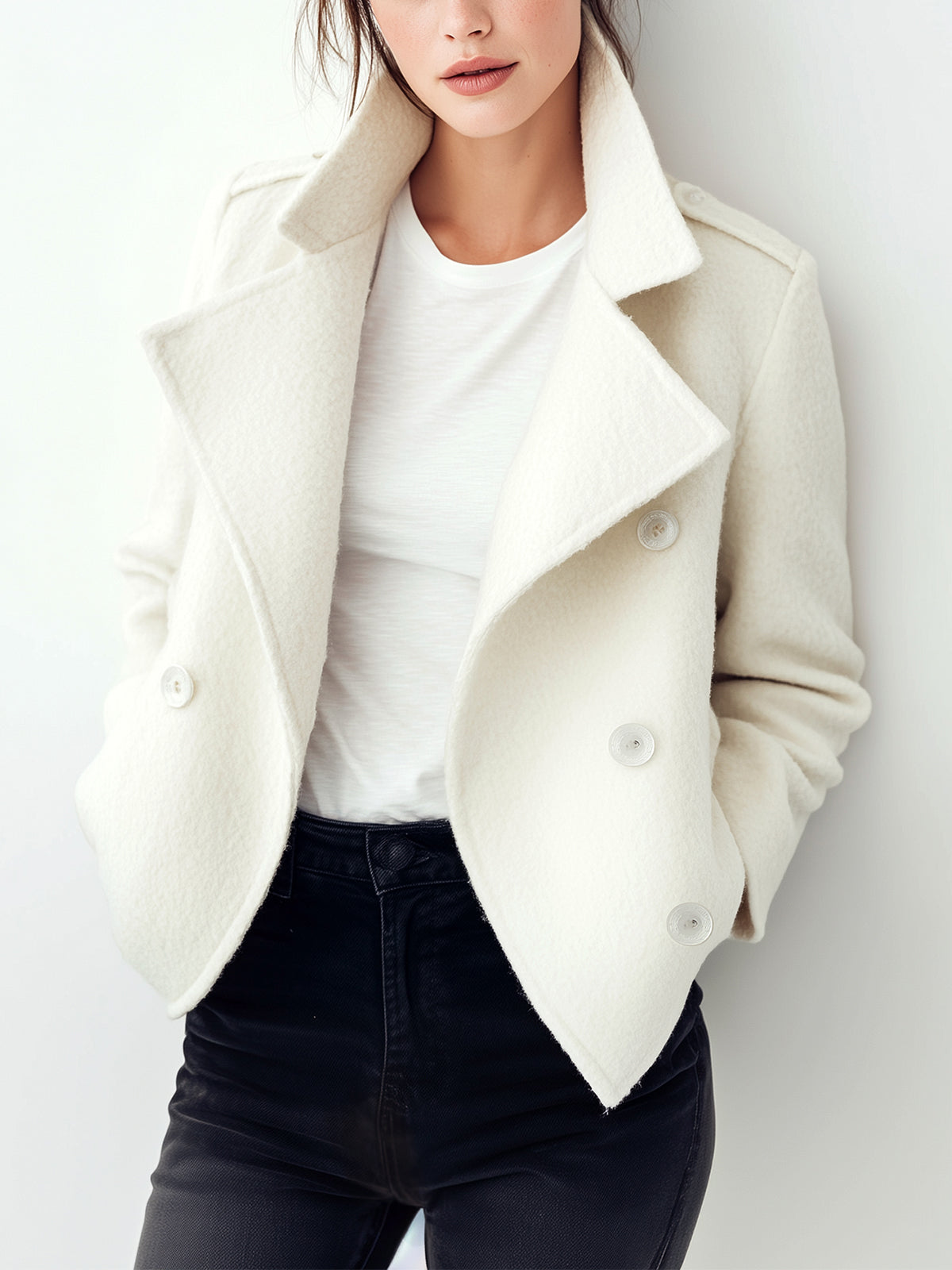 ElevenOra Chic Vintage White Wool Blend Oversized Collar Double-breasted Short Coat