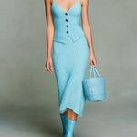 ElevenOra Chic Elegant Blue Strappy V-Neck Single-Breasted Cami Bodycon Midi Skirt Slim-Fit Knit Two-Piece Set