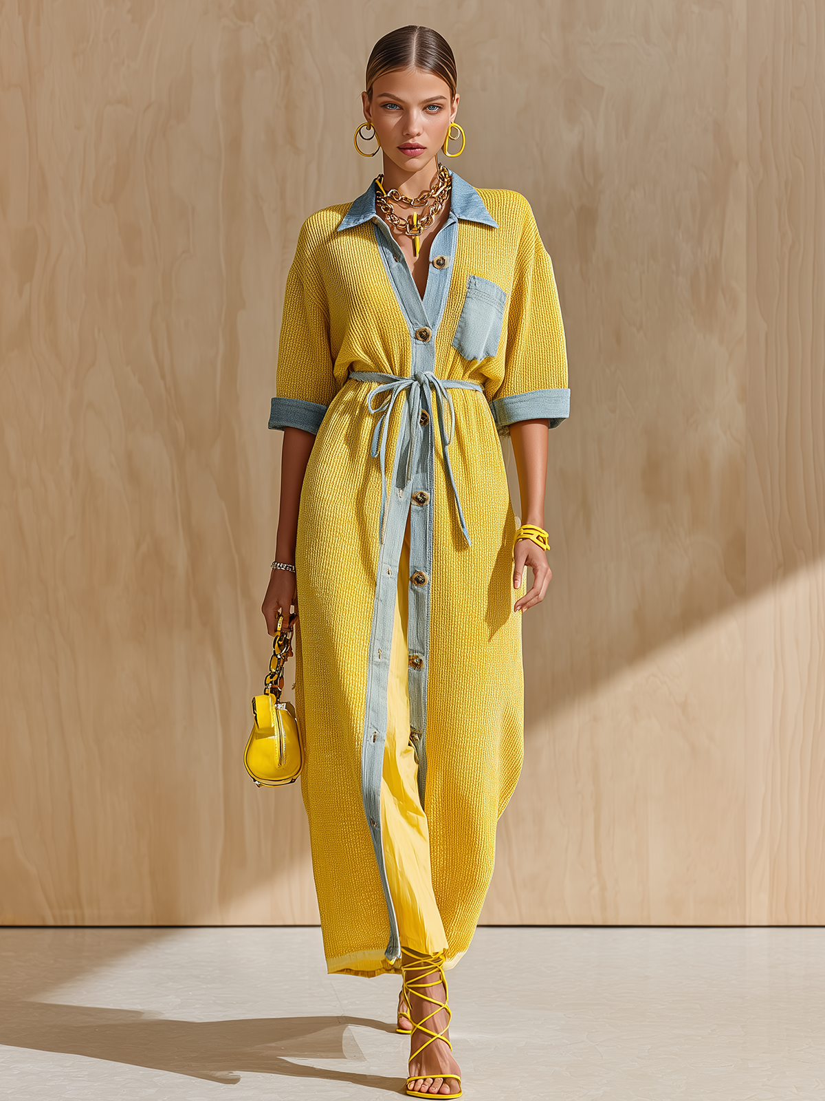 ElevenOra Chic Elegant Yellow Patchwork Denim Lapel Collar Button-Front Loose-Fit Drawstring Waist Loose-Fit Knit Maxi Dress