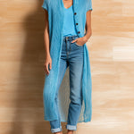 ElevenOra Chic Elegant Blue Collarless Single-Breasted Short-Sleeve Loose-Fit Mohair Knit Long Cardigan
