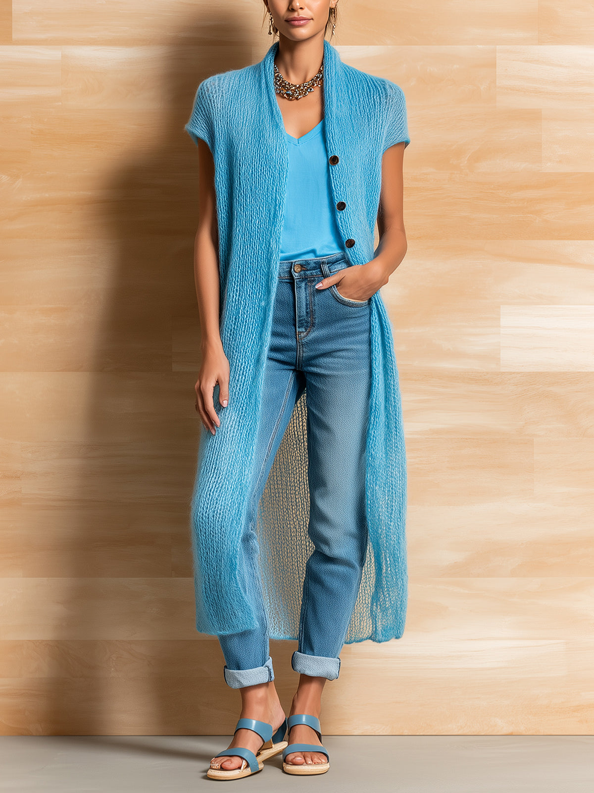 ElevenOra Chic Elegant Blue Collarless Single-Breasted Short-Sleeve Loose-Fit Mohair Knit Long Cardigan