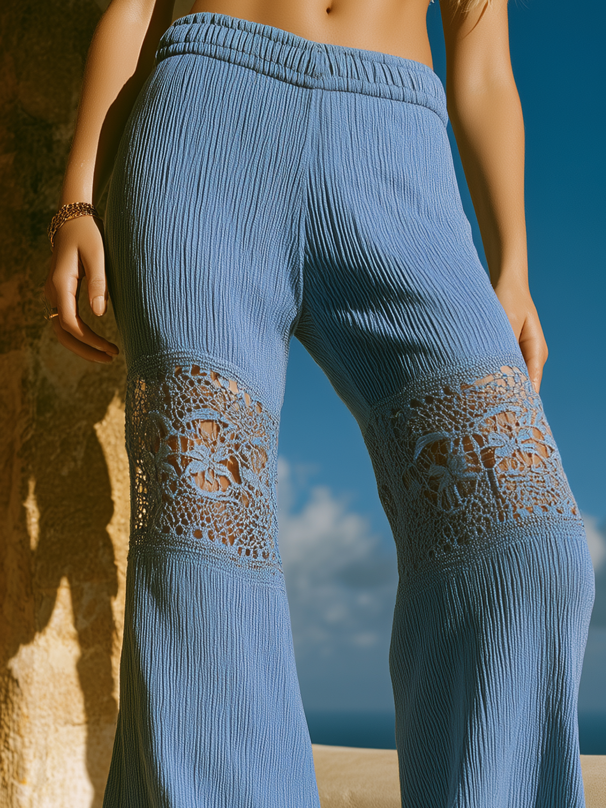 ElevenOra Chic Elegant Blue High Waist Cotton Blend Lace Patchwork Detail Wide-Leg Pants