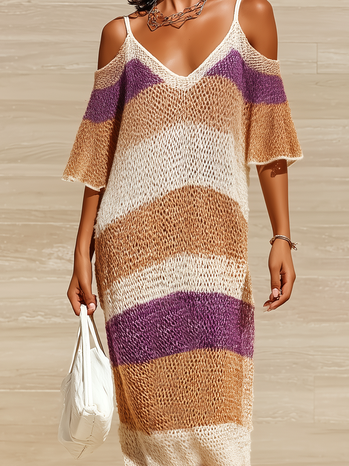 ElevenOra Chic Casual Colorful Striped Off-Shoulder V-Neck Short-Sleeve Loose Side Slit Ribbed Knit Maxi Dress