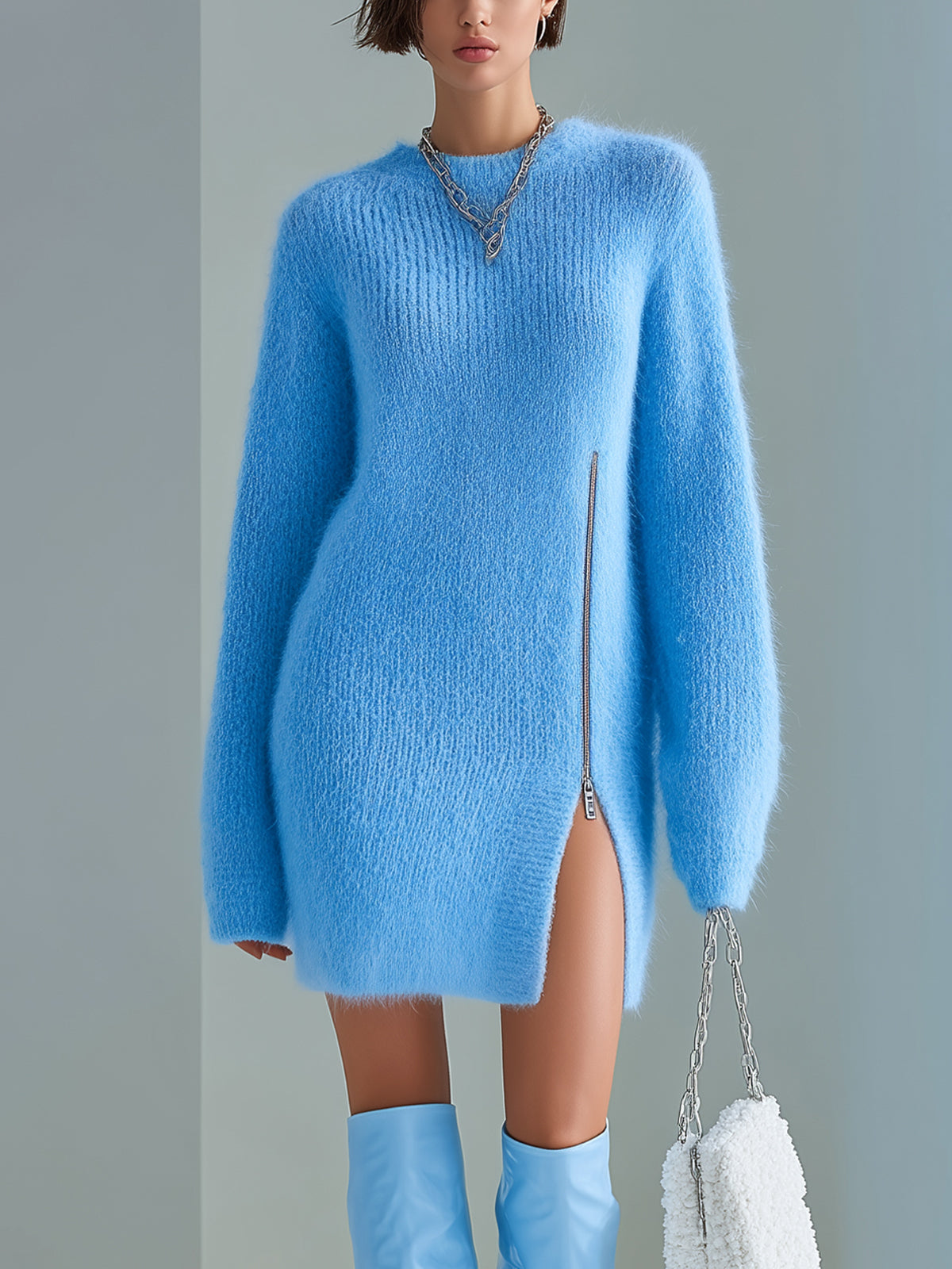 ElevenOra Chic Casual Blue Round Neck Long Sleeve Zipper-Front Side Slit Oversized Fuzzy Knit Mini Dress