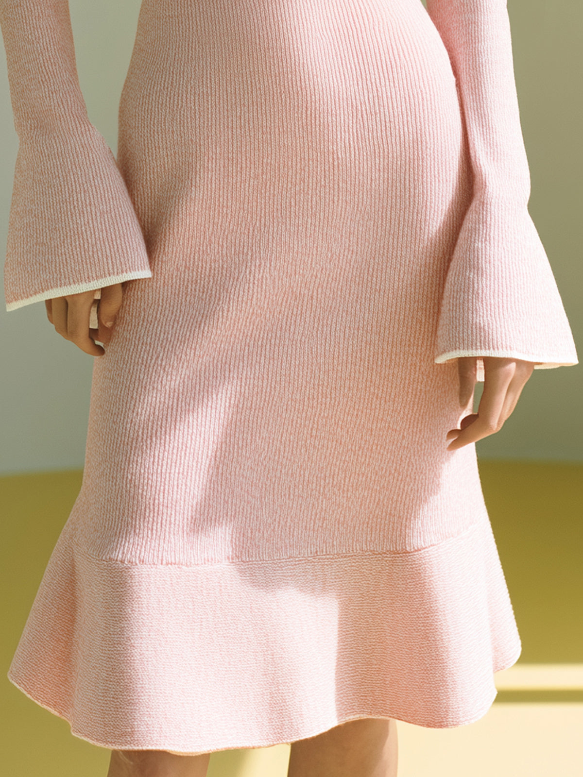 ElevenOra Vintage Elegant Ruffled High Collar Long Bell Sleeves Belted Knit Flounce Hem Midi Dress