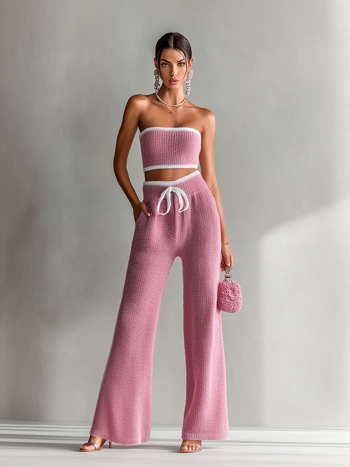 ElevenOra Chic Elegant Pink Contrast Trim Sleeveless Slim-Fit Bandeau High-Waisted Bow Details Wide-Leg Pants Knit Two-Piece Set