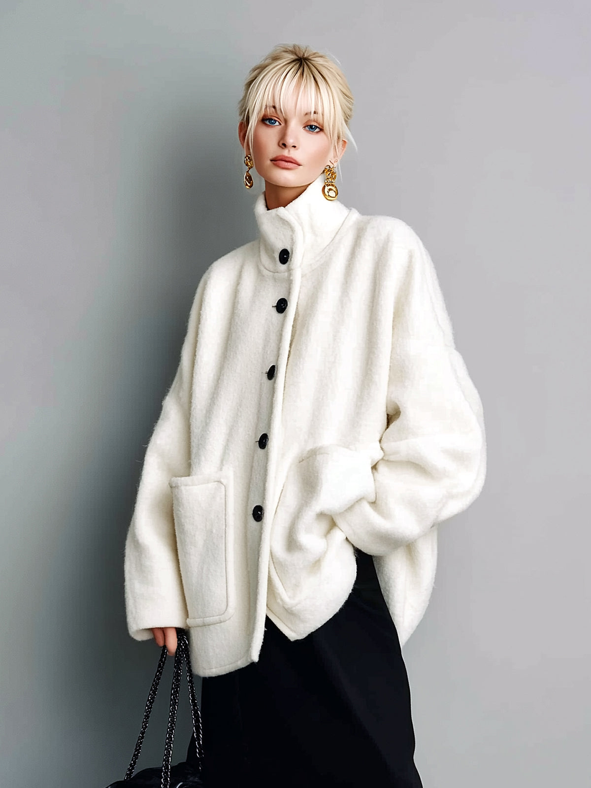 ElevenOra Chic Vintage Cream White Wool Blend Stand Collar Single-Breasted Patch Pocket Slouchy Short Jacket